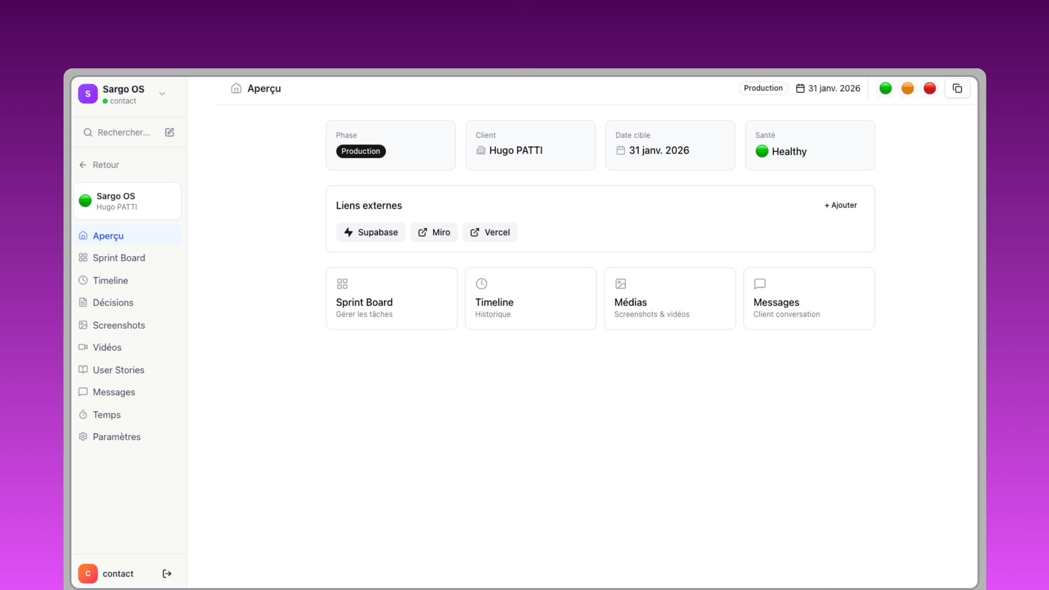 Sargo-OS - Plateforme d’automatisation du flux de travail par l’IA Moteur de définition de la portée du projet et de configuration du sprint Conception et développement d’outillage interne - Application développée par Sargo Digital
