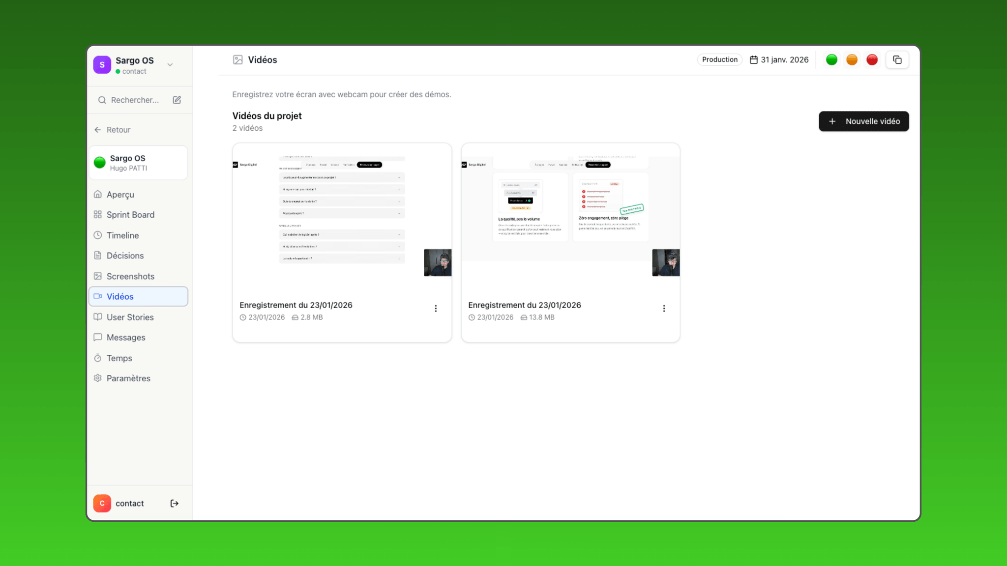 Capture d'écran principale de Sargo-OS - Plateforme d’automatisation du flux de travail par l’IA Moteur de définition de la portée du projet et de configuration du sprint Conception et développement d’outillage interne
