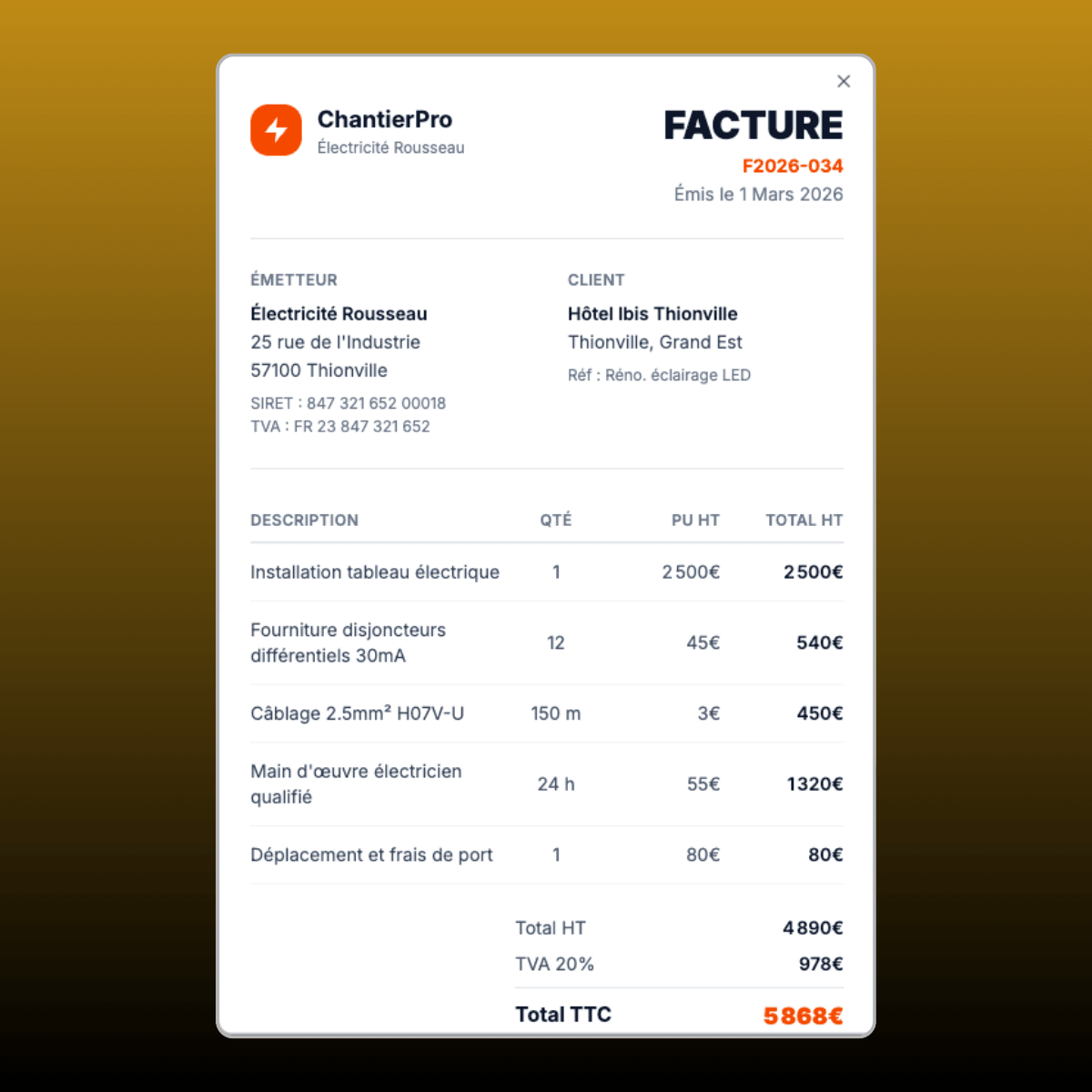 Interface secondaire de Logiciel de gestion de chantier