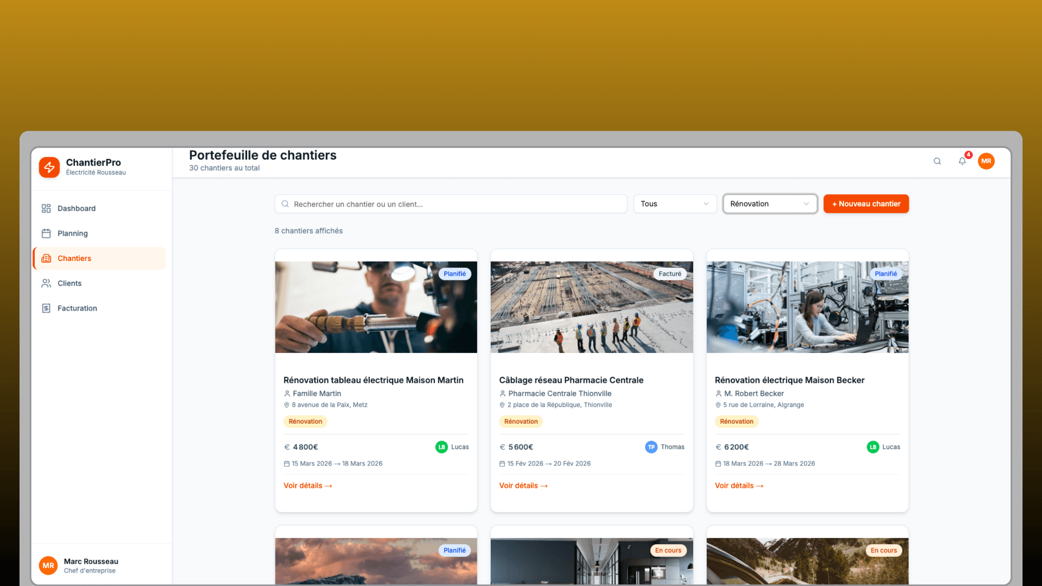Vue complète de l'application Logiciel de gestion de chantier