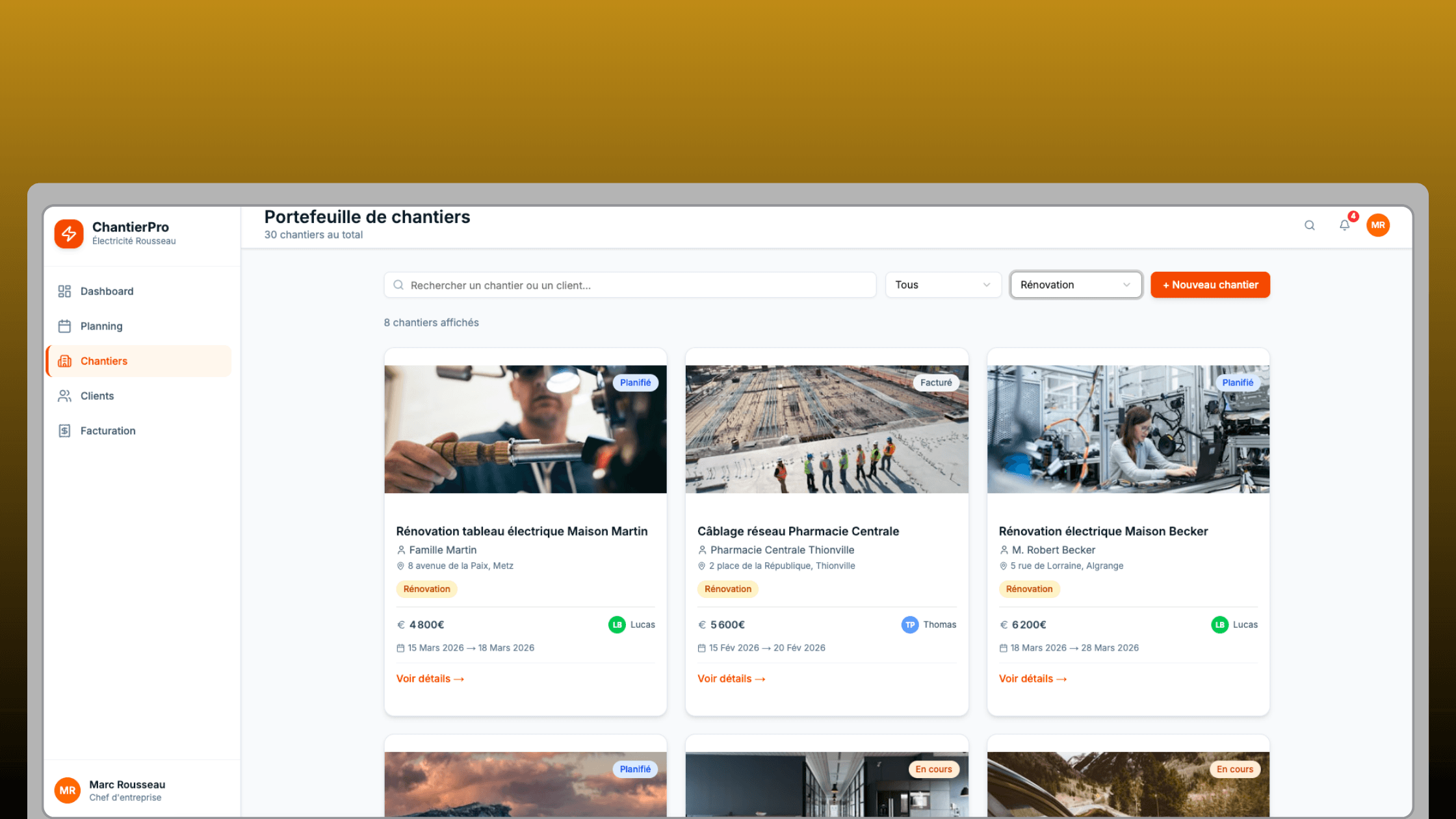 Vue complète de l'application Logiciel de gestion de chantier